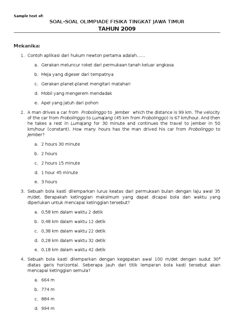 Contoh Soal Olimpiade Fisika Tingkat Jawa Timur