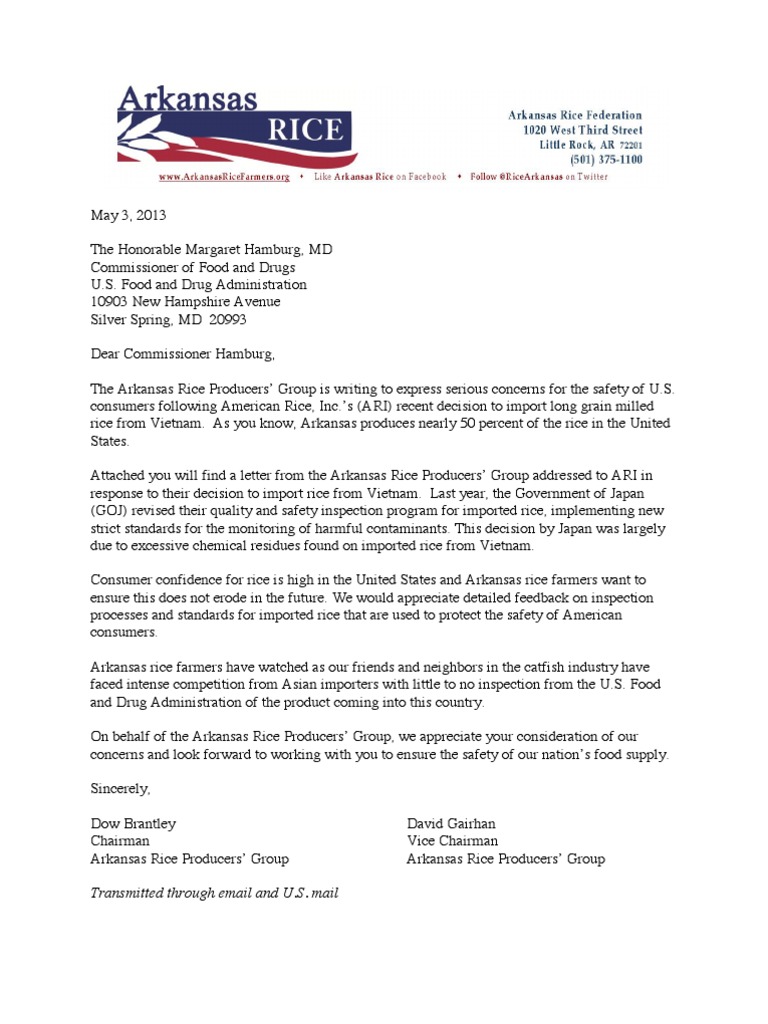 Arkansas Rice Letter to FDA Commissioner Hamburg Rice Food And Drug