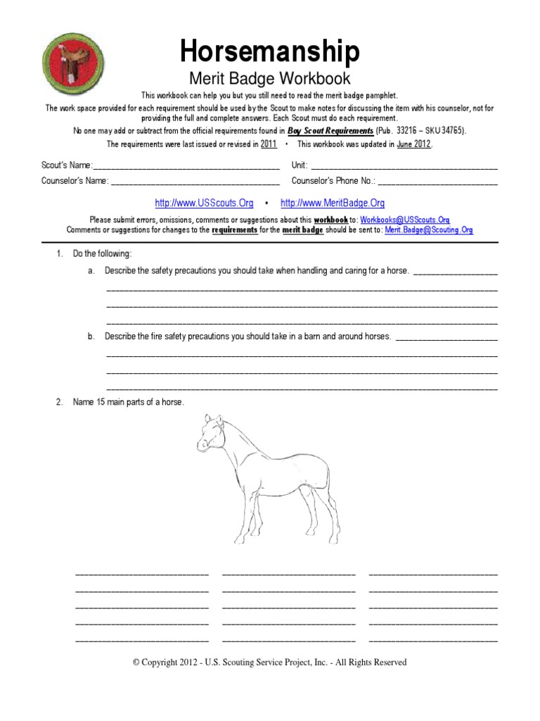 Horsemanship Merit Badge Worksheet  PDF  Boy Scouts Of America For Fire Safety Merit Badge Worksheet