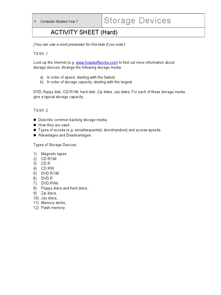 Year 7 Computer Studies: Storage Devices Guide | PDF