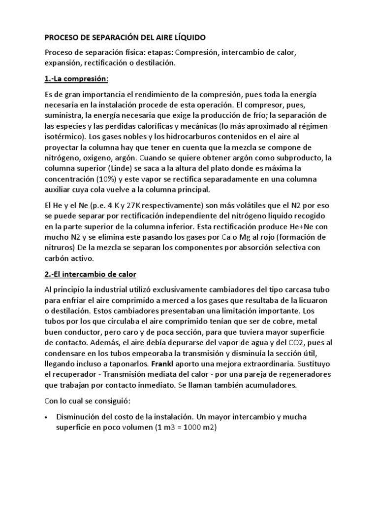 PROCESO DE SEPARACIÓN DEL AIRE LÍQUIDO PDF Oxígeno Destilación