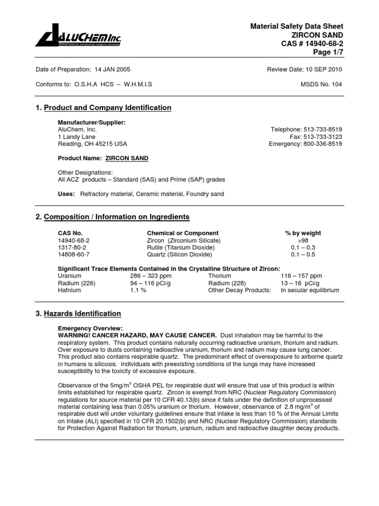Msds Zircon Sand English Dangerous Goods Zirconium