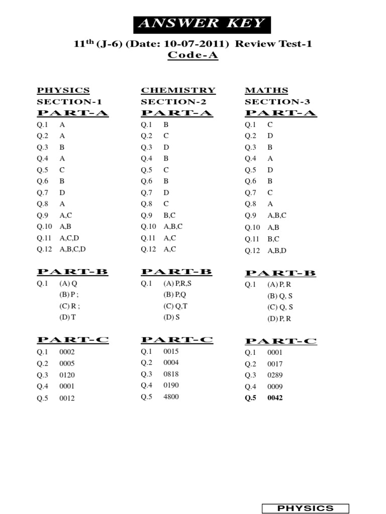 Answer Key: 11 (J-6) (Date: 10-07-2011) Review Test-1 | PDF