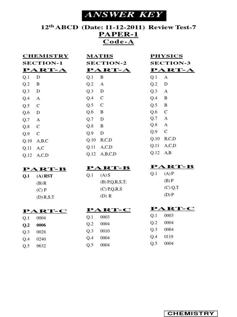 Answer Key Paper 1 Chemistry Atoms