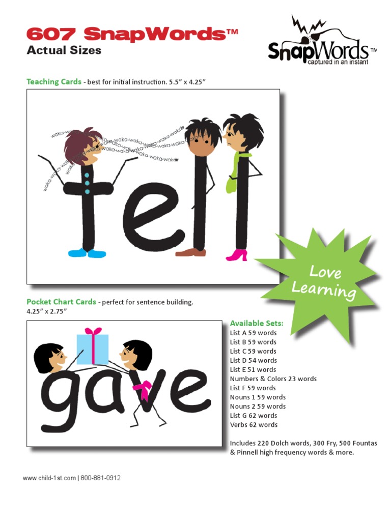 Snap Words Sizes and Lists PDF Sentence (Linguistics) Teaching