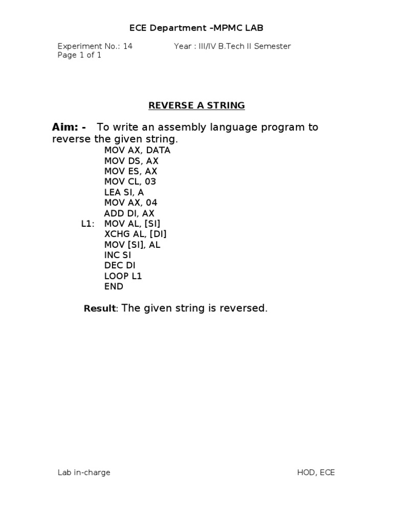 Aim: - To Write An Assembly Language Program To: Reverse The Given ...