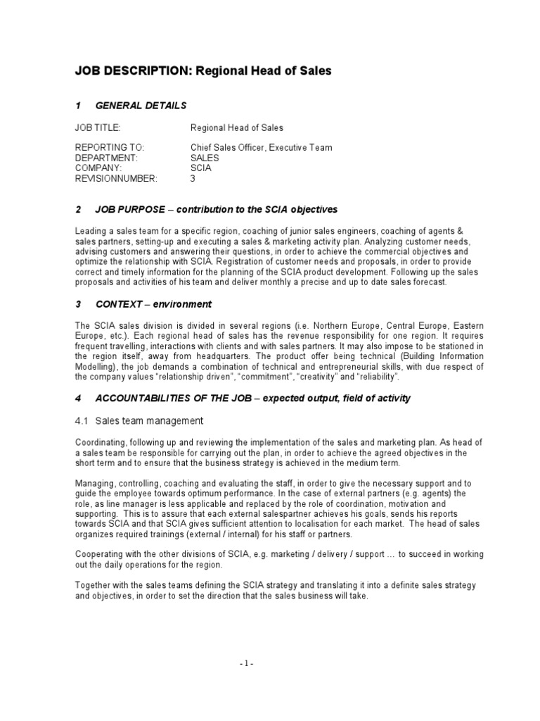 Regional Head of Sales Job Description | PDF | Sales | Strategic Management