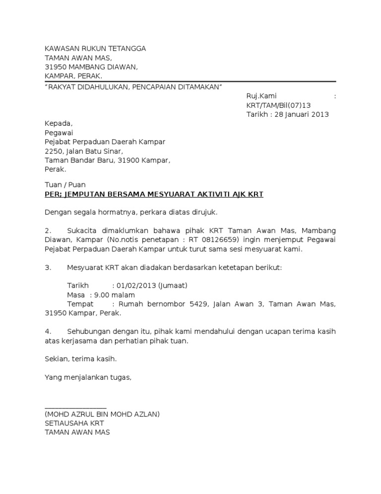 Contoh Format Surat Rasmi 2018