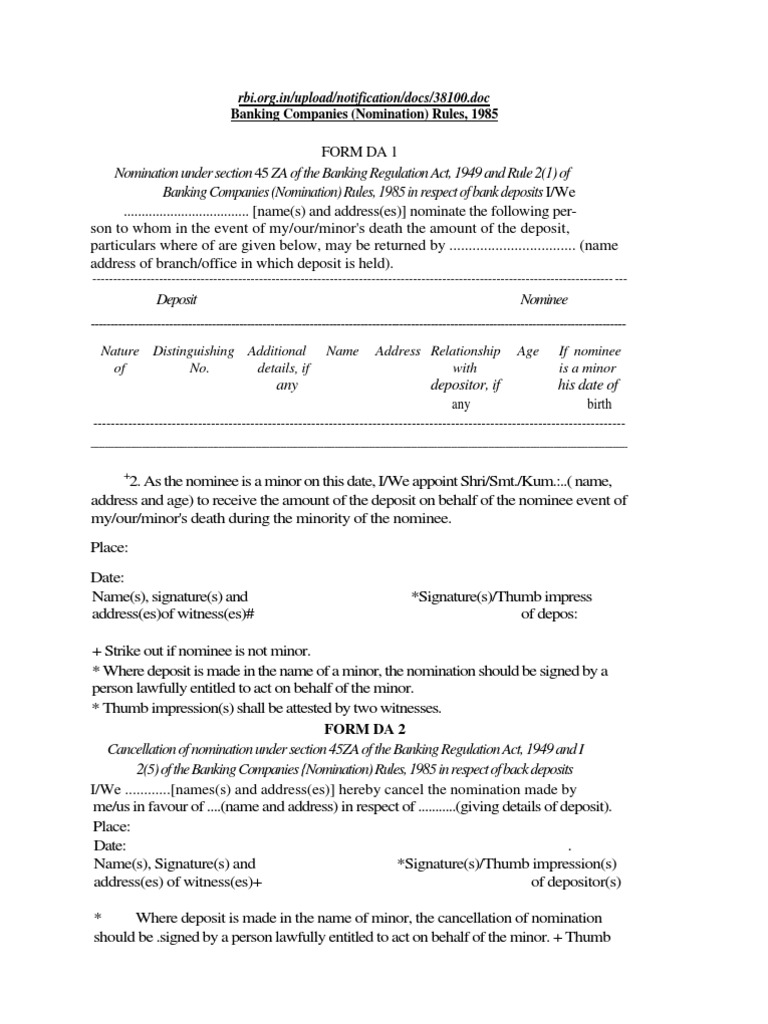 Nomination Forms Banks India Bank Regulation