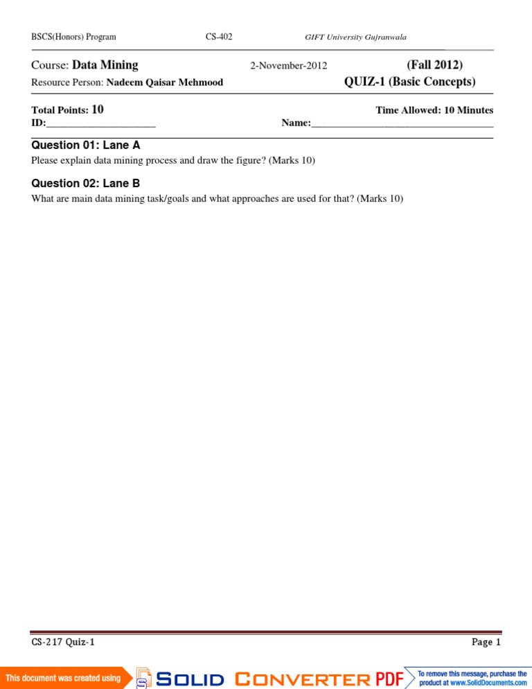 Data Mining Quiz - GIFT University | PDF
