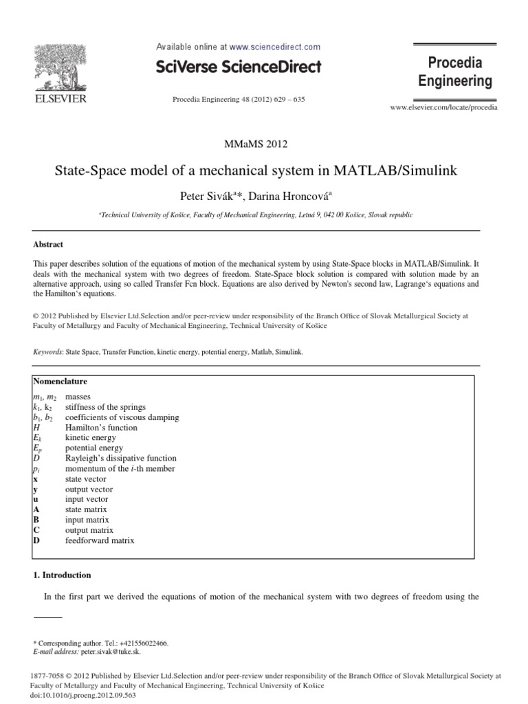 State Space Model of A Mechanical System in Matlab Simulink PDF | PDF ...