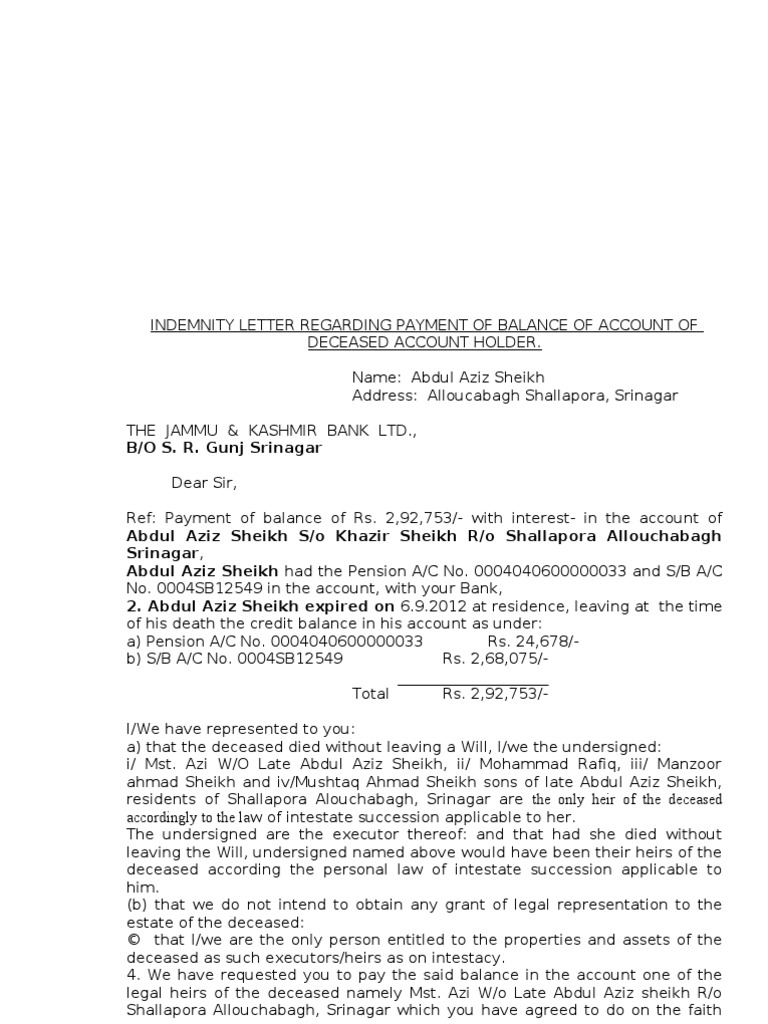 Indemnity Letter Regarding Payment of Balance of Account of Deceased