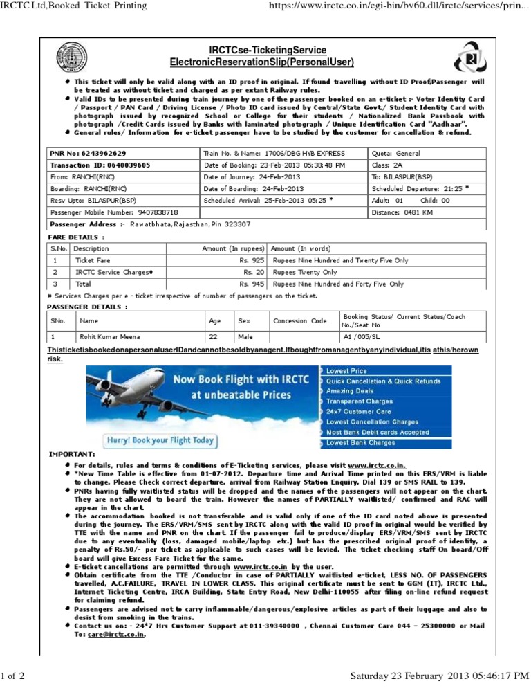 IRCTC e-Ticket Booking Details | PDF | Identity Document | Ticket ...