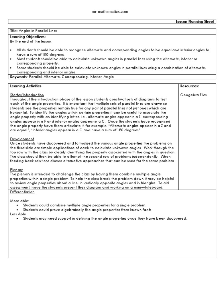 Lesson Plan Parallel Lines | Download Free PDF | Angle | Series And ...