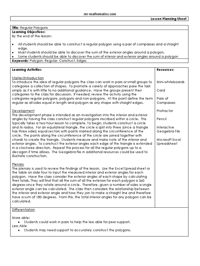 Lesson Planning Polygons | PDF | Circle | Angle