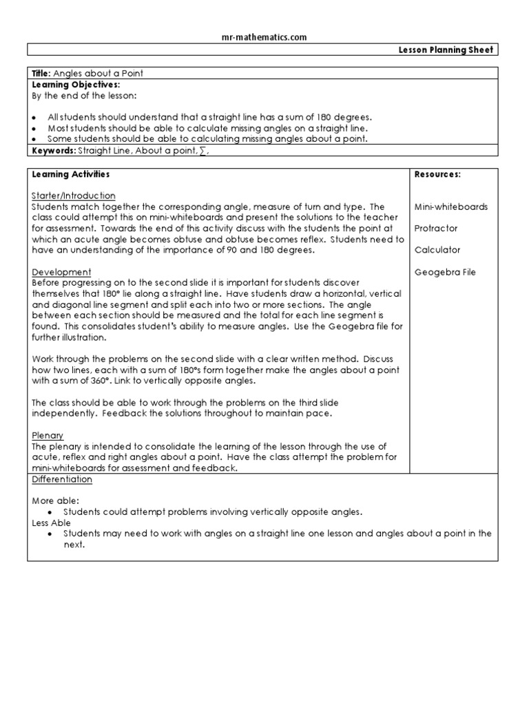 detailed lesson plan in math about angles