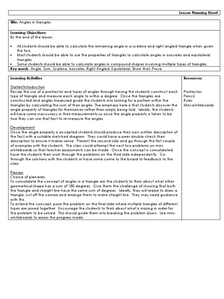 Lesson Planning Sheet Title Angles in Triangles Learning Objectives
