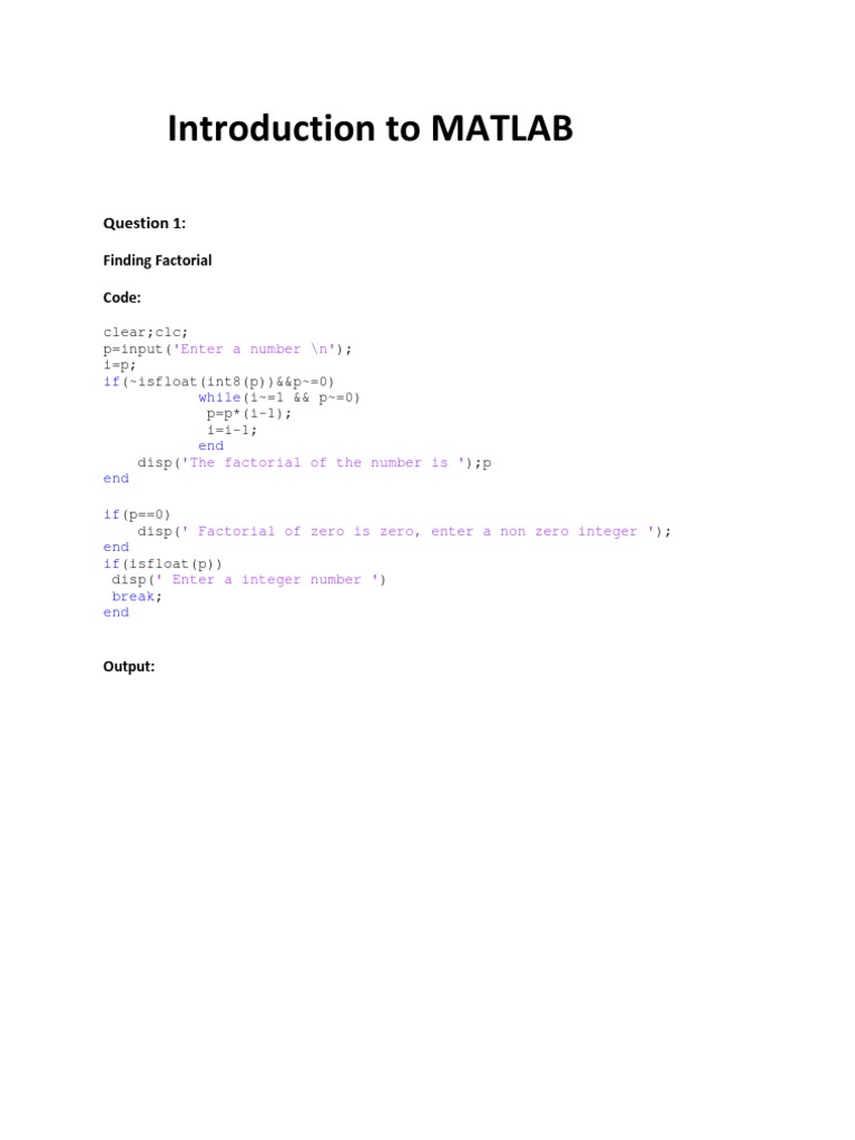 Introduction To MATLAB: Finding Factorial Code | PDF | Matrix ...