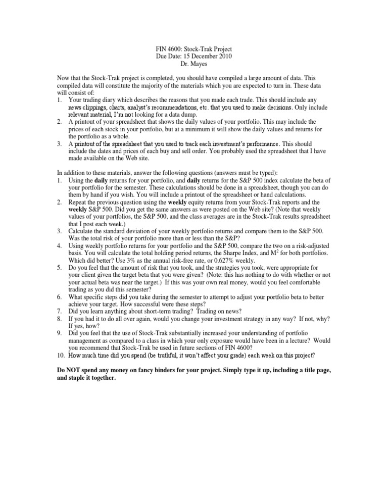 Stock-Trak Project Final Preparation Guidlines | PDF | Beta (Finance ...