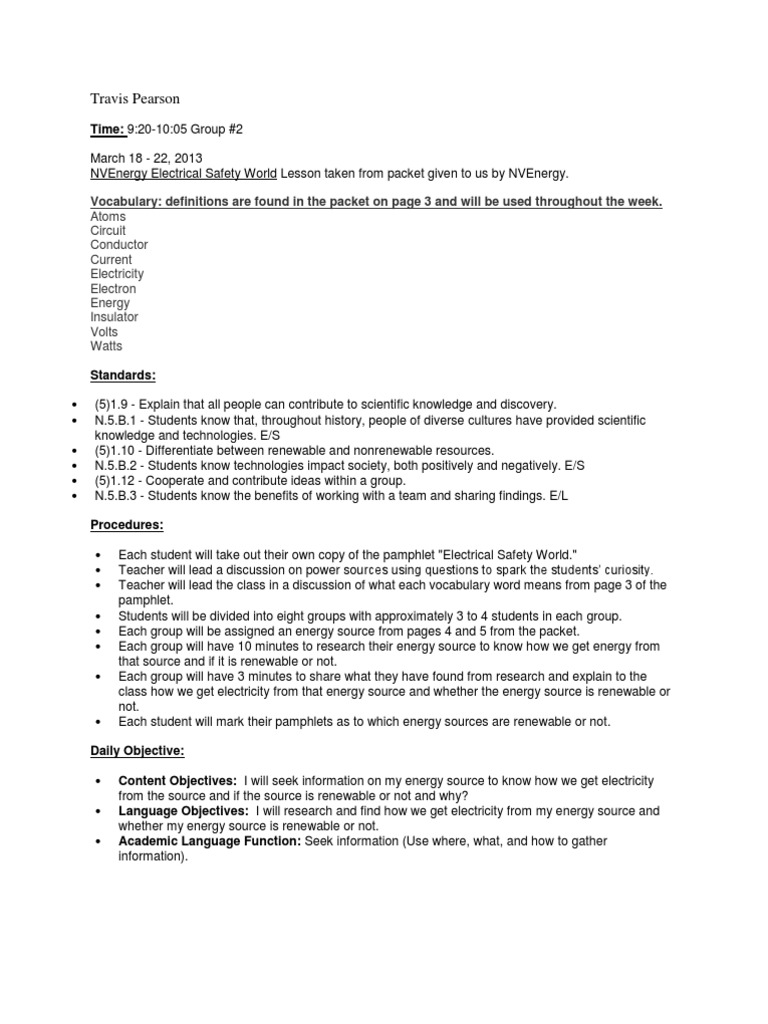 Science Lesson Plan On Electricity | PDF