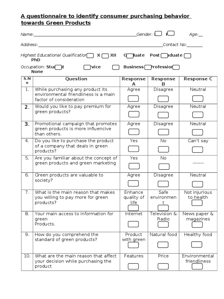 Questionnaire Format For Consumer Behaviour