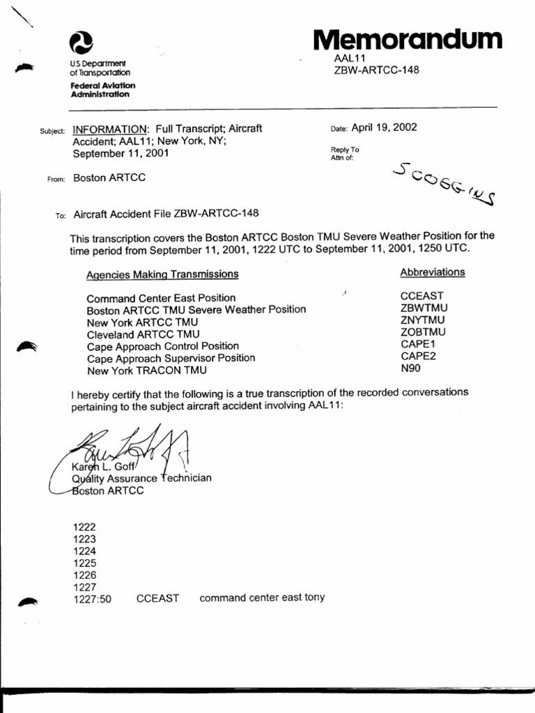 AAL11 9/11 Hijack Transcript | PDF | Transport Safety | Aviation Safety
