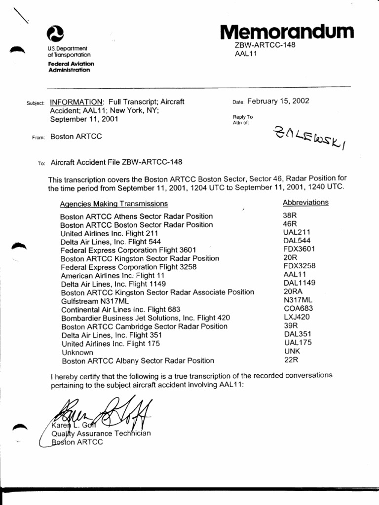 AAL11 Transcript: Boston ARTCC 9/11 | PDF | Airlines | Transport Disasters