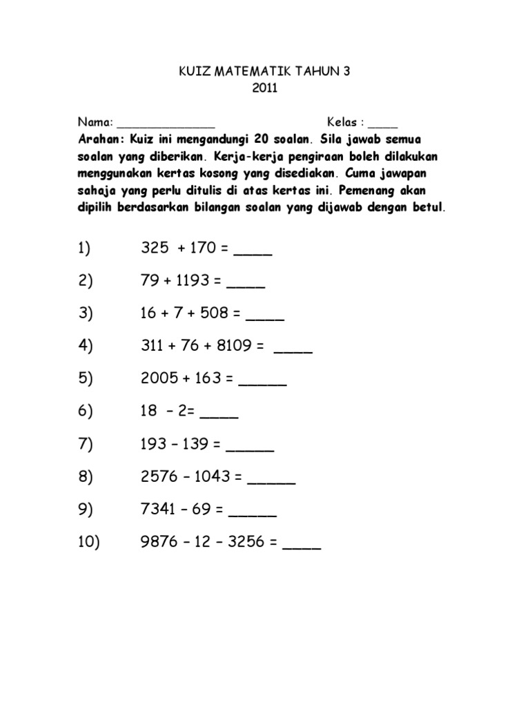 Kuiz Matematik Tahun 3  PDF
