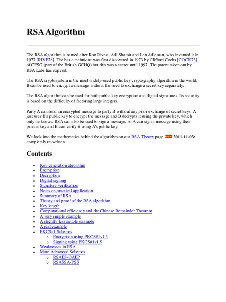 RSA Algorithm | PDF | Key (Cryptography) | Cryptography