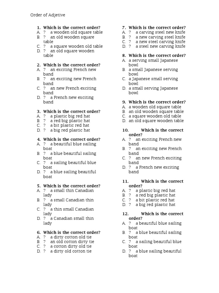 Adjective Order Worksheet PDF Knife Necktie