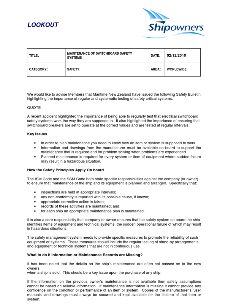 Maintenance of Switchboard Safety Systems Safety Reliability