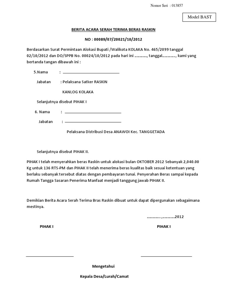Berita Acara Serah Terima Beras Raskin Pdf