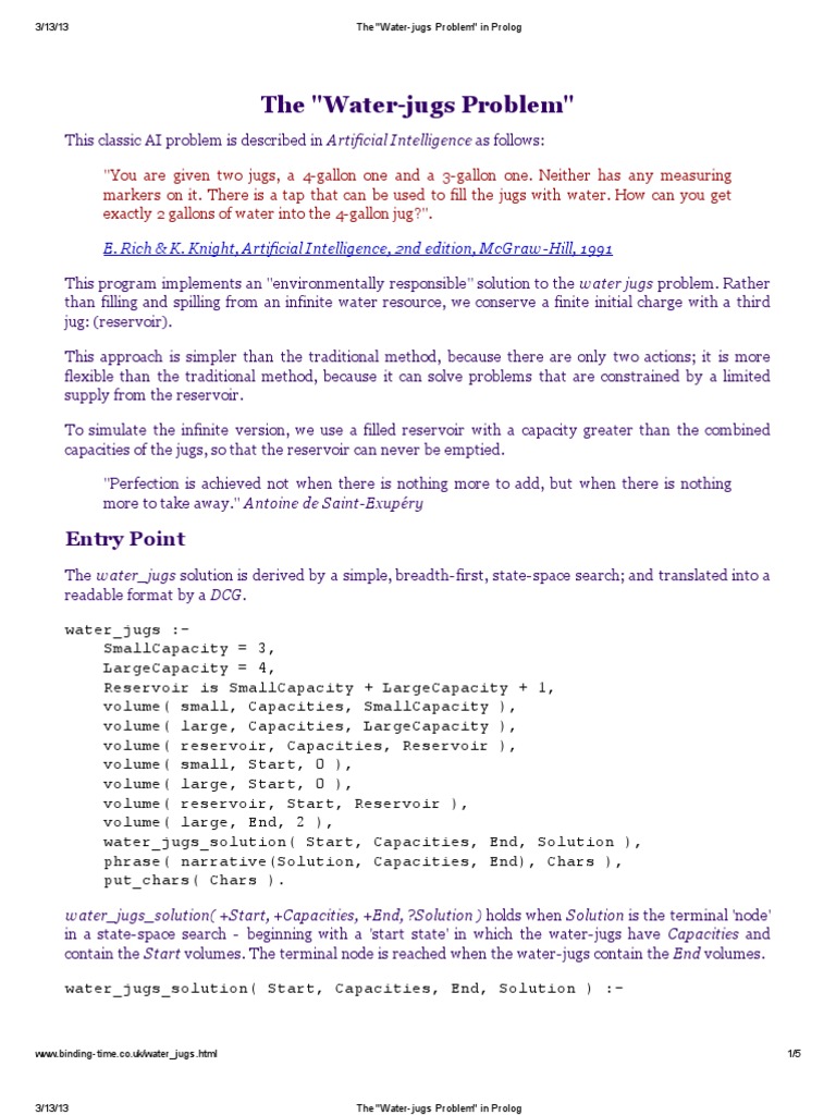 The WaterJugs Problem in Prolog PDF Artificial Intelligence