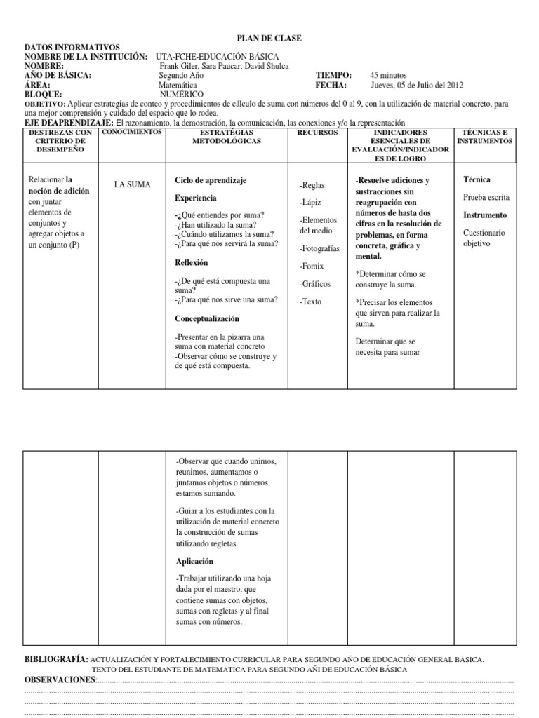 Plan de Clase: Suma para Segundo Grado | PDF | Crecimiento personal y ...