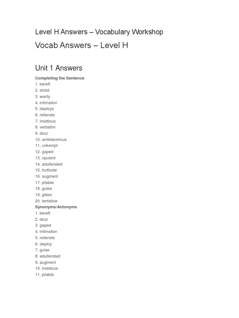 7 vocabulary level workshop b unit Answers â Level Interpretation Vocabulary H Workshop 7 vocabulary level workshop b unit Answers â Level Interpretation Vocabulary H Workshop
