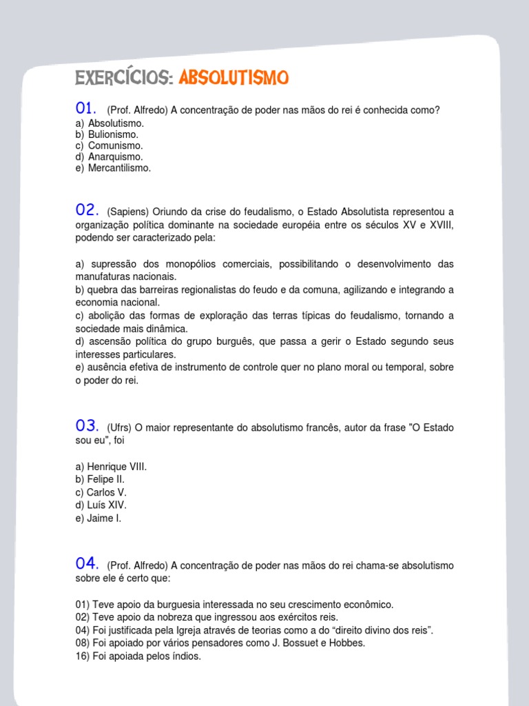 Absolutismo Absoluto: Exercícios sobre o Estado Absolutista na Europa ...