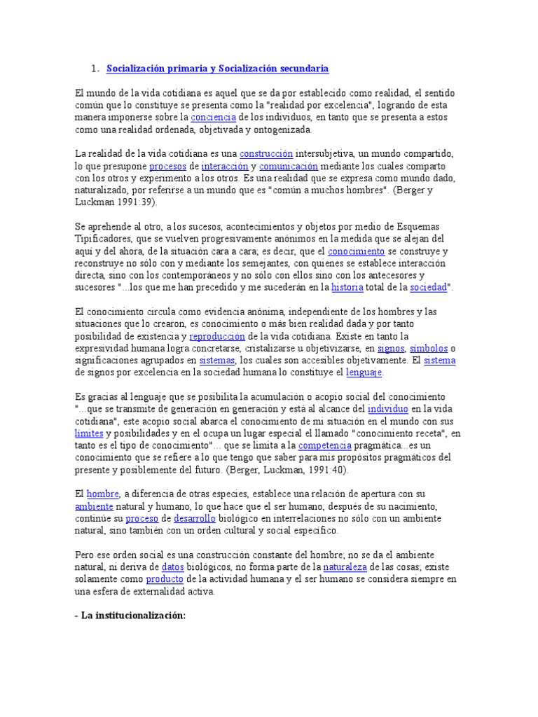 Socialización Primaria Y Socialización Secundaria Berger Y Luckman