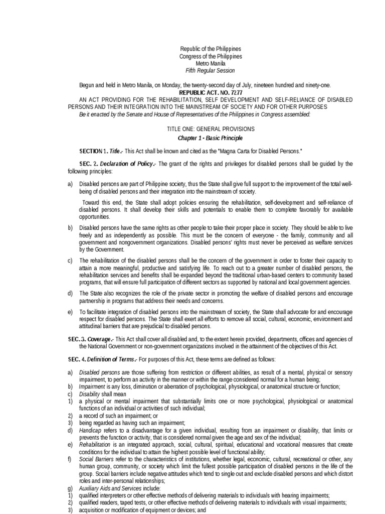 Ra 7277 Magna Carta for Disabled Persons | Disability | Employment