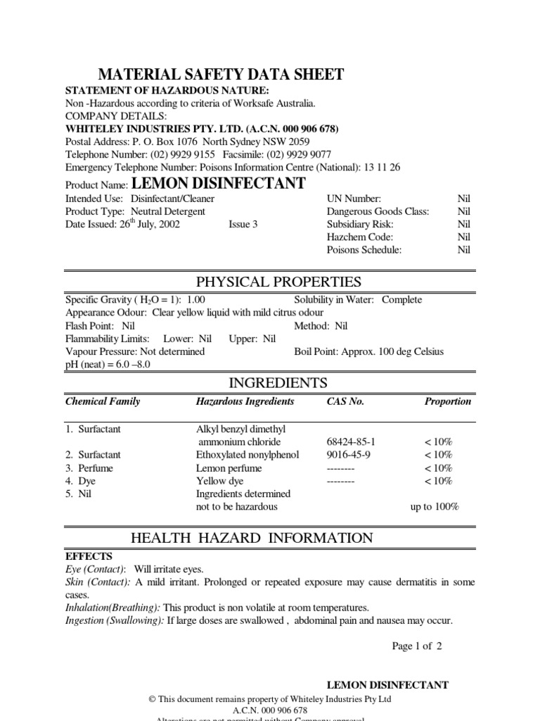 Lemon Disinfectant MSDS Summary | PDF | Surfactant | Personal ...