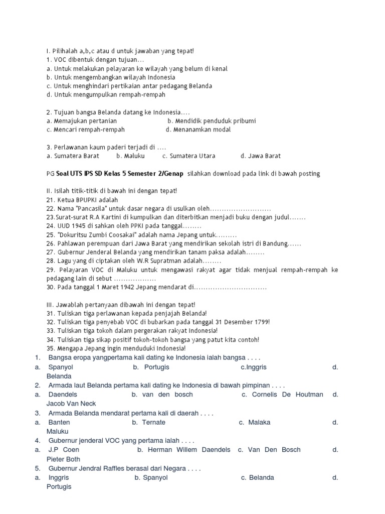 Soal Ips Kelas 5 Materi Perjuangan Melawan Penjajah