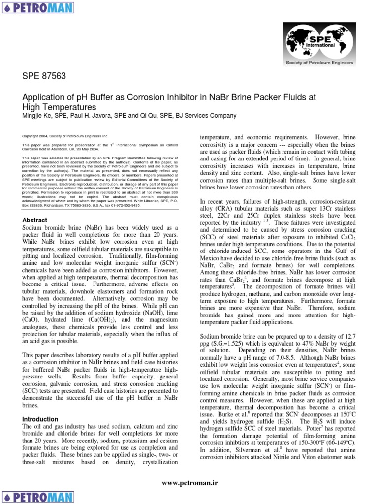 Spe 87563 Application of PH Buffer As Corrosion Inhibitor in Nabr Brine ...