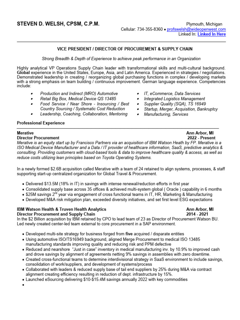 Resume VP Procurement Supply Chain Detroit MI Information 