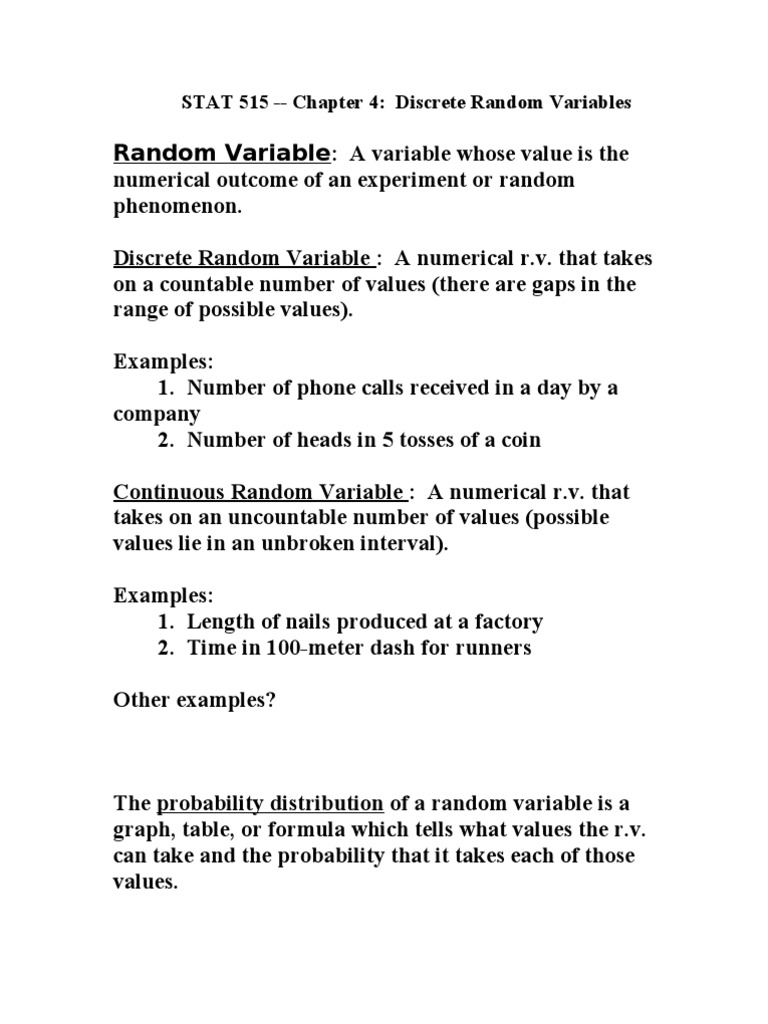 Notes 515 Summer 07 Chap 4 | PDF | Random Variable | Probability ...