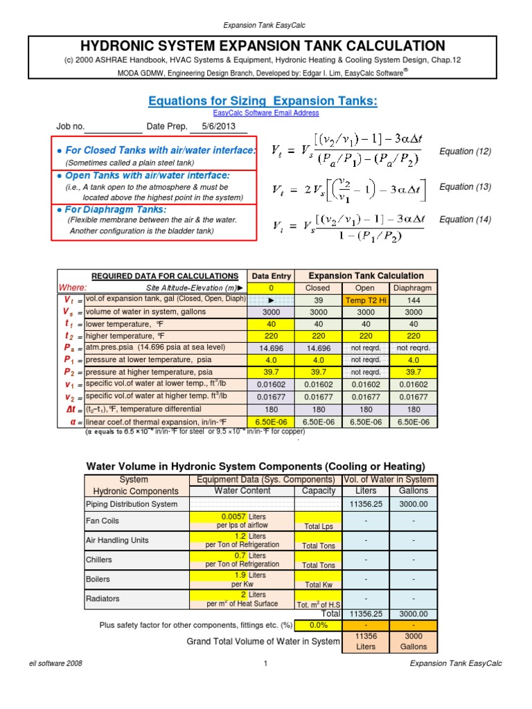 Expansion Tank Sizing Calculation (Hydronic System) Boiler Hvac
