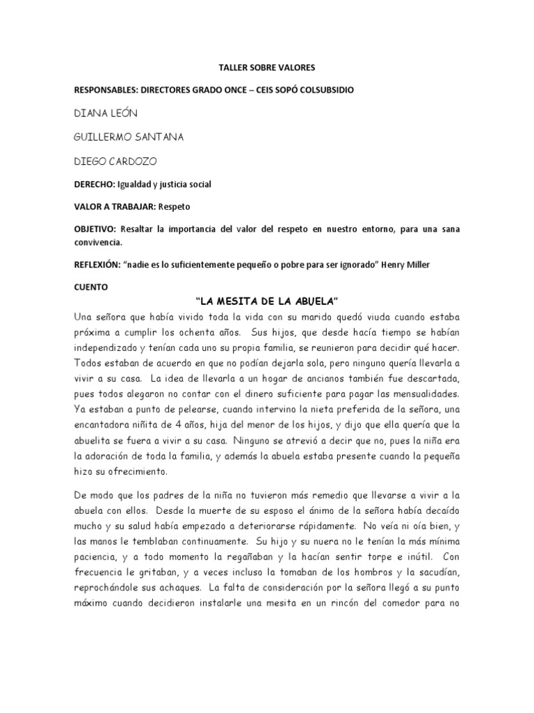 Taller sobre el Valor del Respeto | PDF | Ciencias sociales | Salud y ...