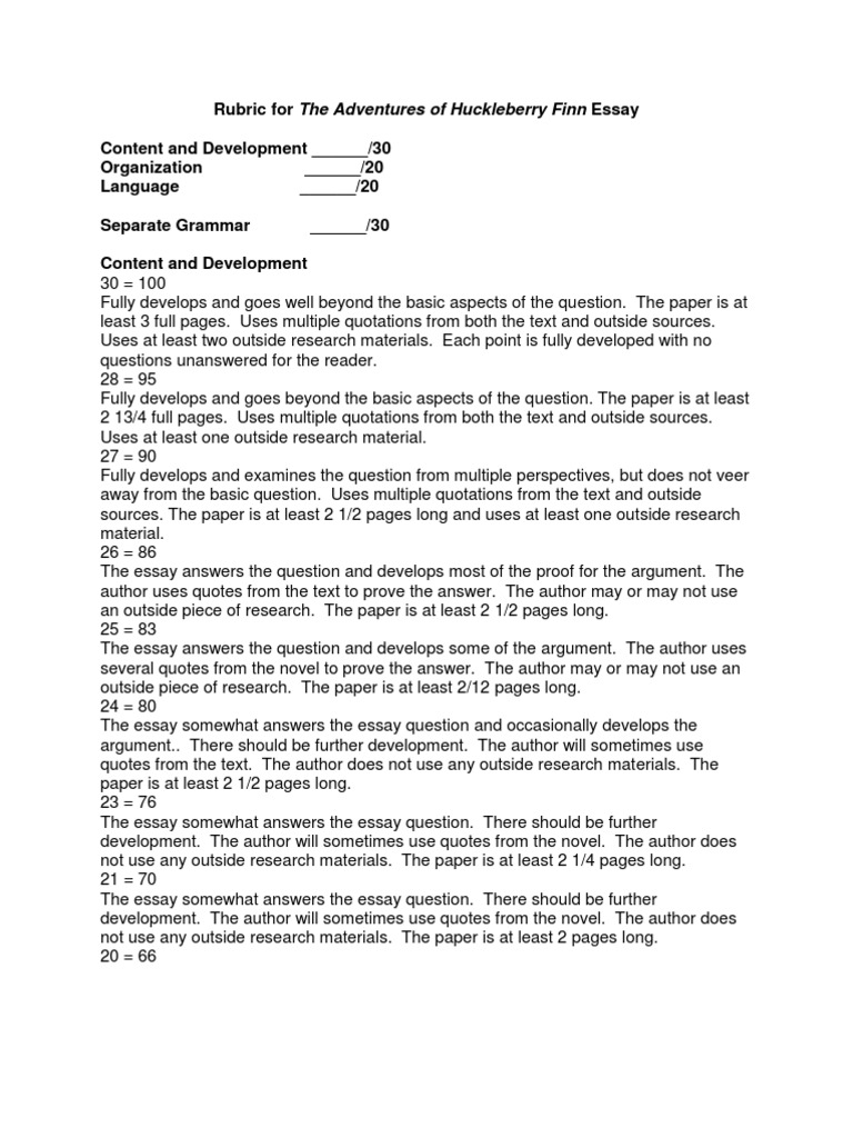 Rubric For The Adventures of Huckleberry Finn Essay | PDF | Paragraph ...
