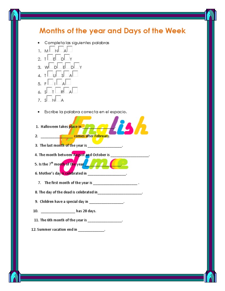 Days and Months Worksheet Activities | PDF | Foreign Language Studies ...