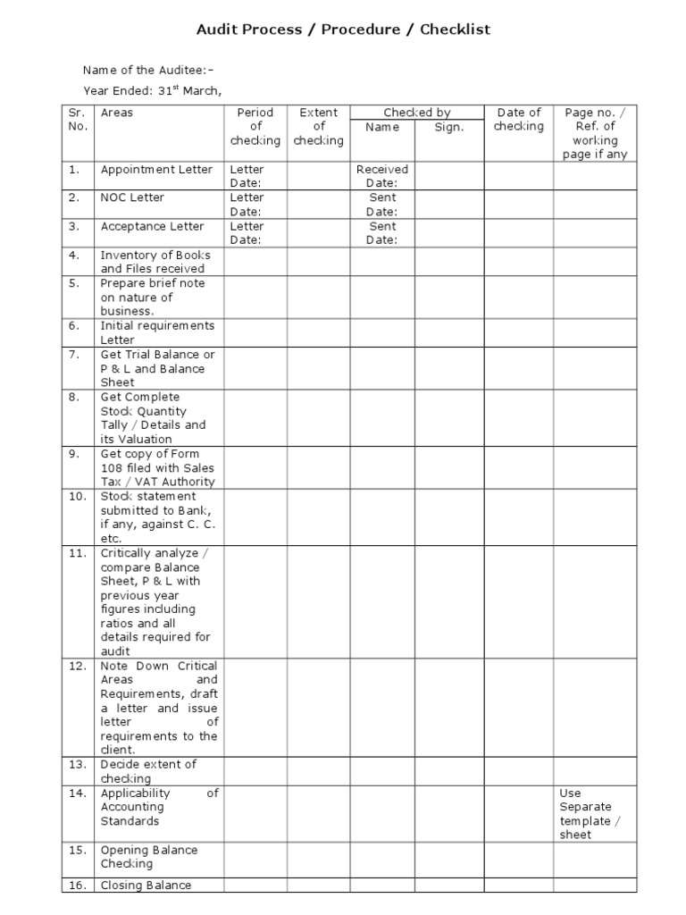 Audit Process / Procedure / Checklist Page 1 of 3 Debits And Credits
