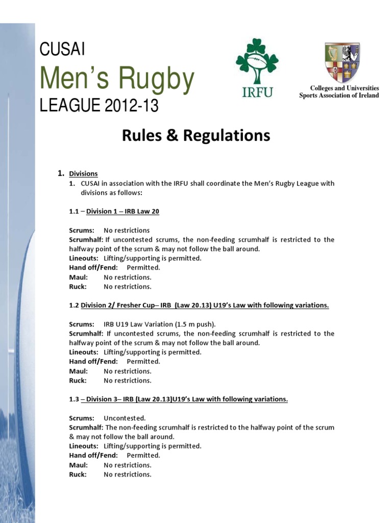 IRFU CUSAI Mens Rugby League Rules Regulations Sept 20121 Rugby Union