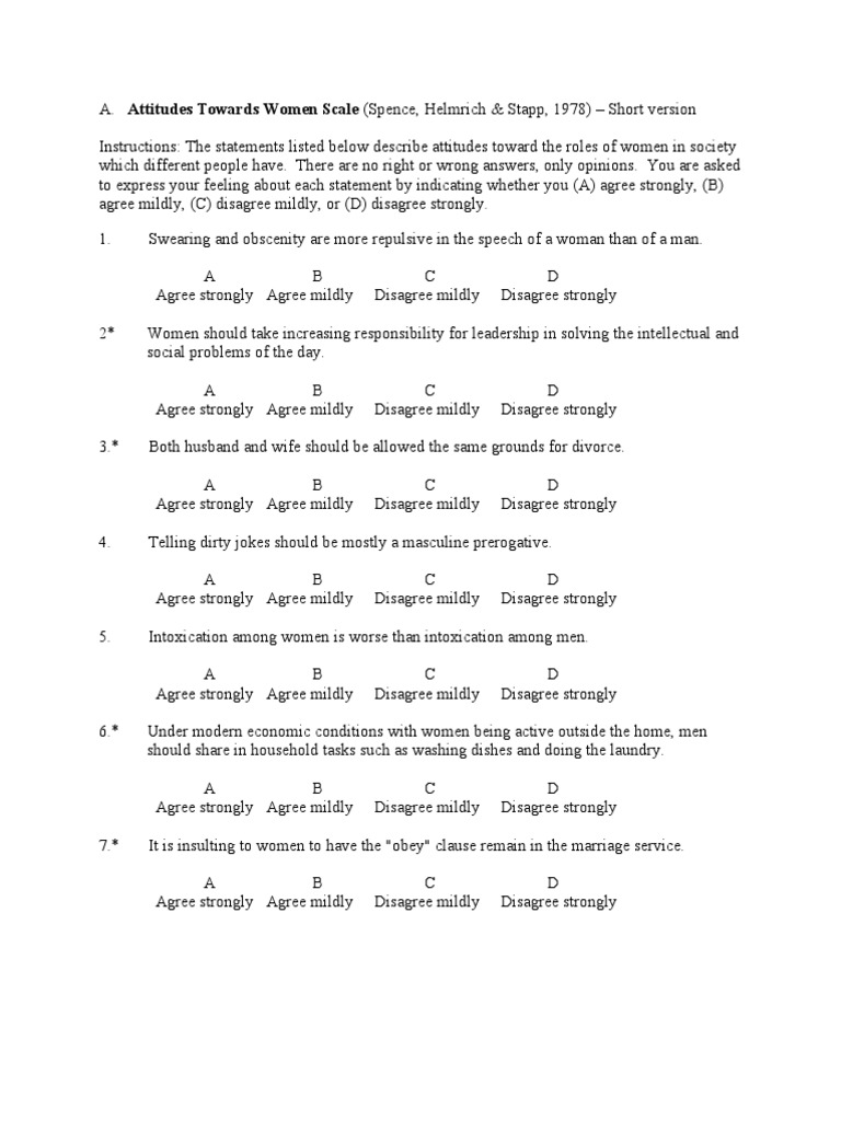 Attitudes Toward Women Scale (Short) | PDF | Wife | Femininity